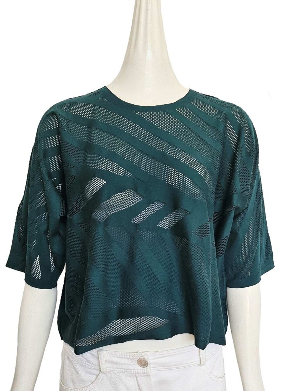 PLEATS PLEASE TEAL BLUE LASER CUT SHORT SLEEVES CROPPED TOP (ONE SIZE)